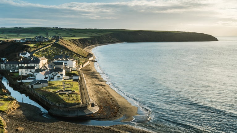 An aerial view of Aberdaron village and beach, Gwynedd